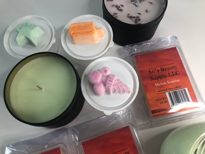 Candle Background features various candles and melts sold by Ari's Beauty Supply LLC.